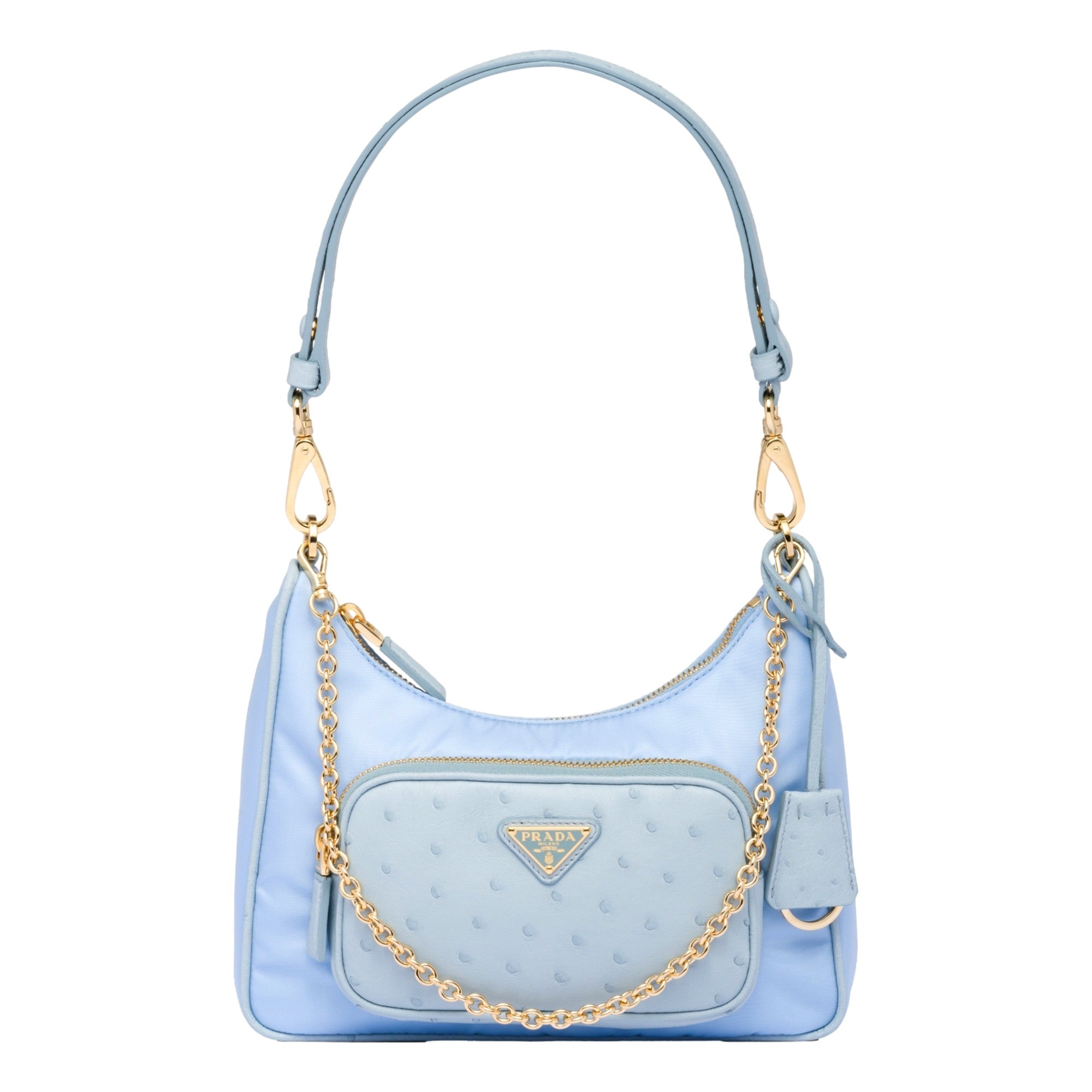 Prada 2Way Tessuto Nylon Cielo Blue Ostrich Leather Shoulder Handbag