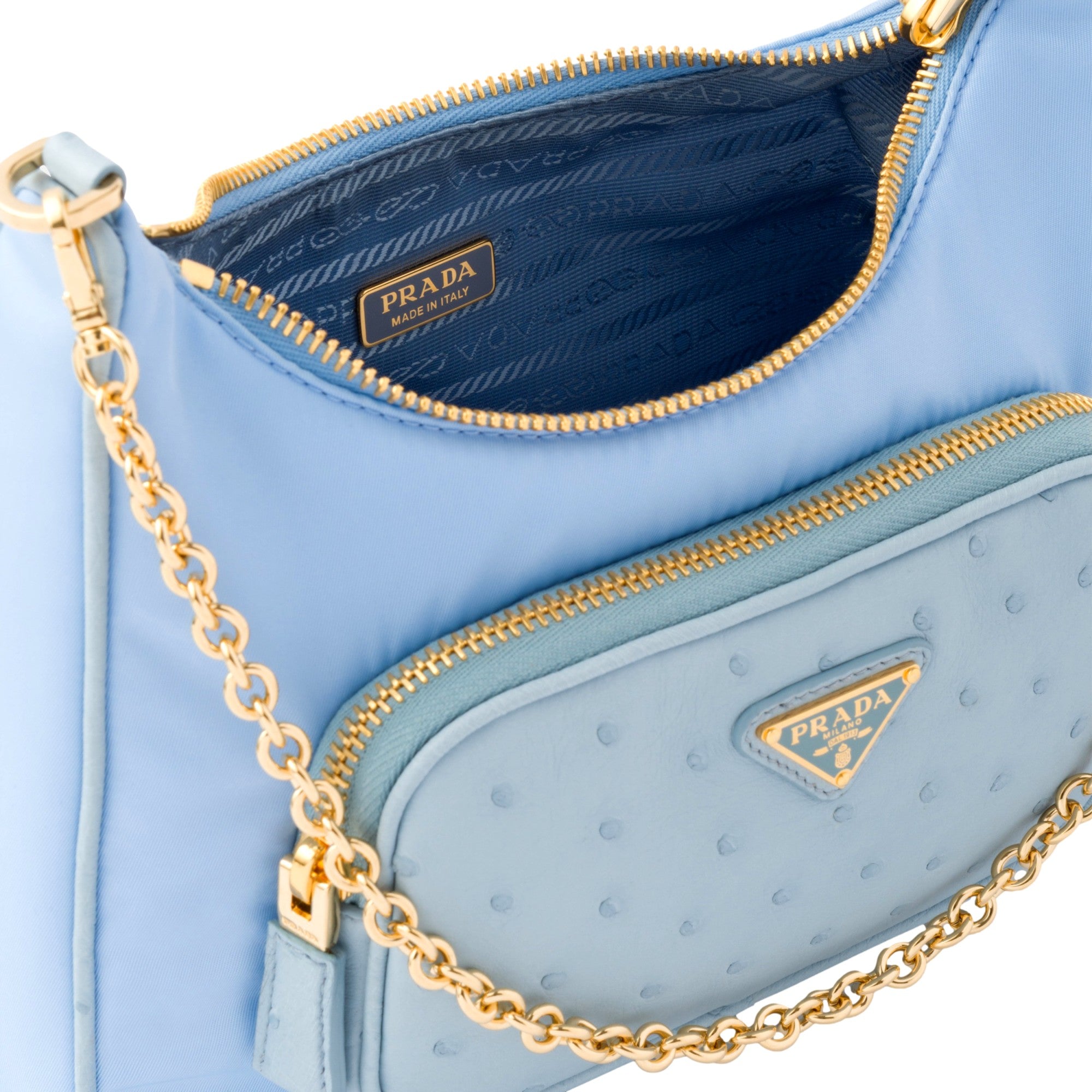 Prada 2Way Tessuto Nylon Cielo Blue Ostrich Leather Shoulder Handbag