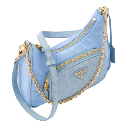 Prada 2Way Tessuto Nylon Cielo Blue Ostrich Leather Shoulder Handbag