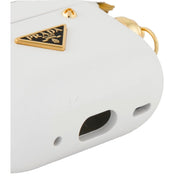 Prada White Floral AirPods Case with Leather Flowers and Gold Hardware- available at Queen Bee of Beverly Hills. 