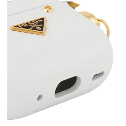 Prada White Floral AirPods Case with Leather Flowers and Gold Hardware- available at Queen Bee of Beverly Hills. 