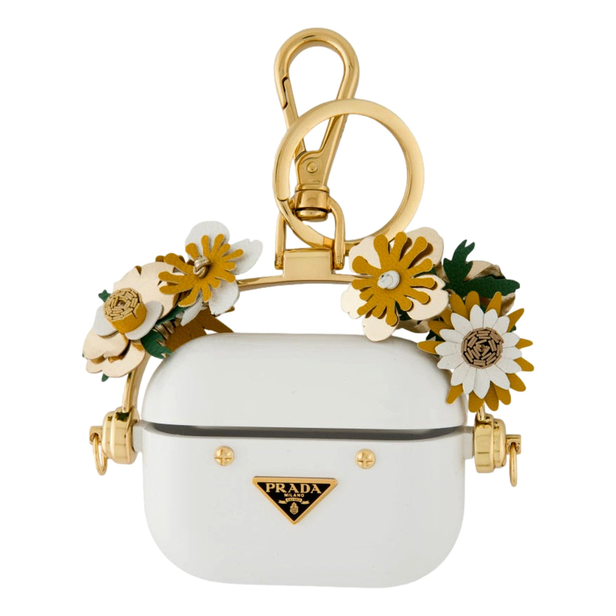 Prada White Floral AirPods Case with Leather Flowers and Gold Hardware- available at Queen Bee of Beverly Hills. 