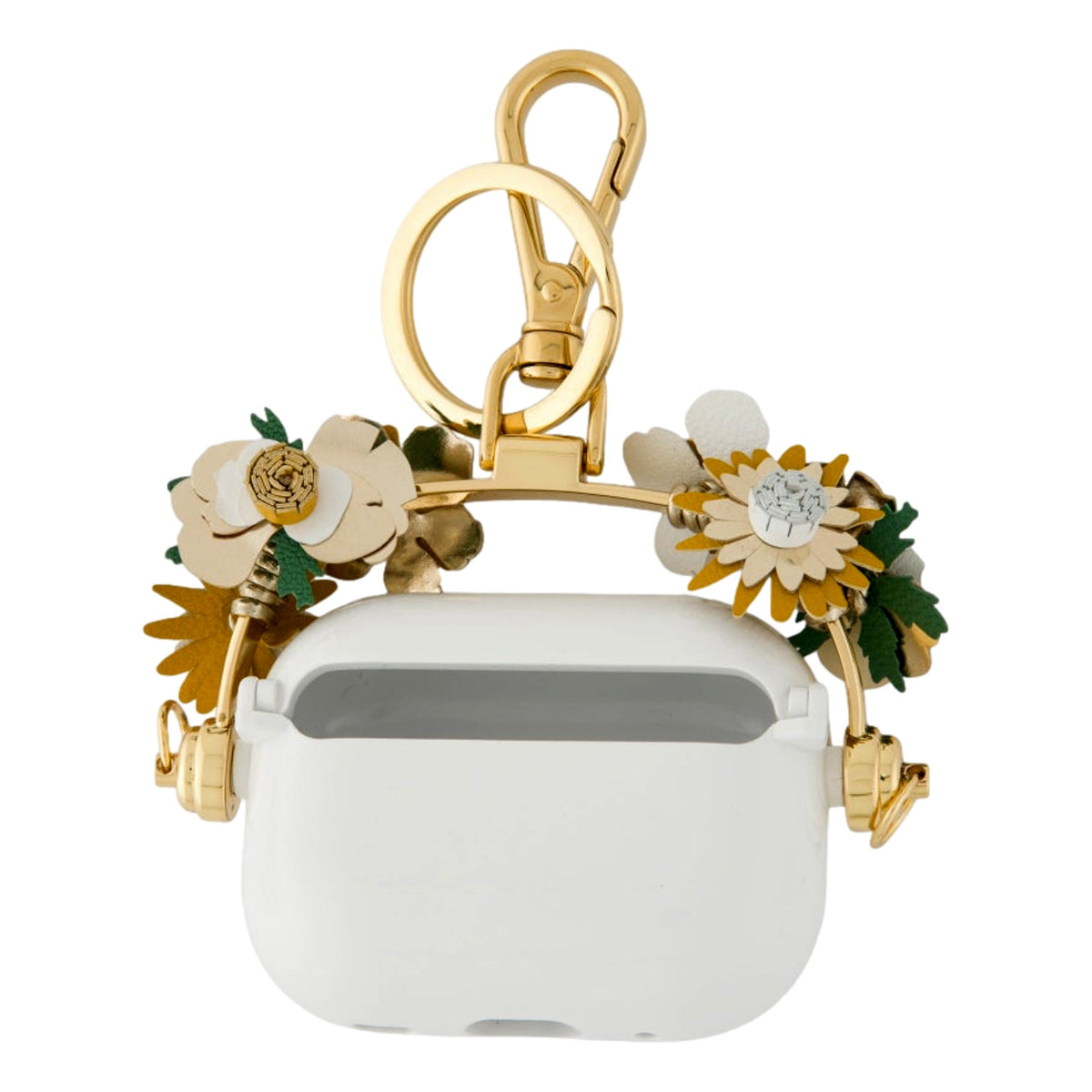 Prada White Floral AirPods Case with Leather Flowers and Gold Hardware- available at Queen Bee of Beverly Hills. 