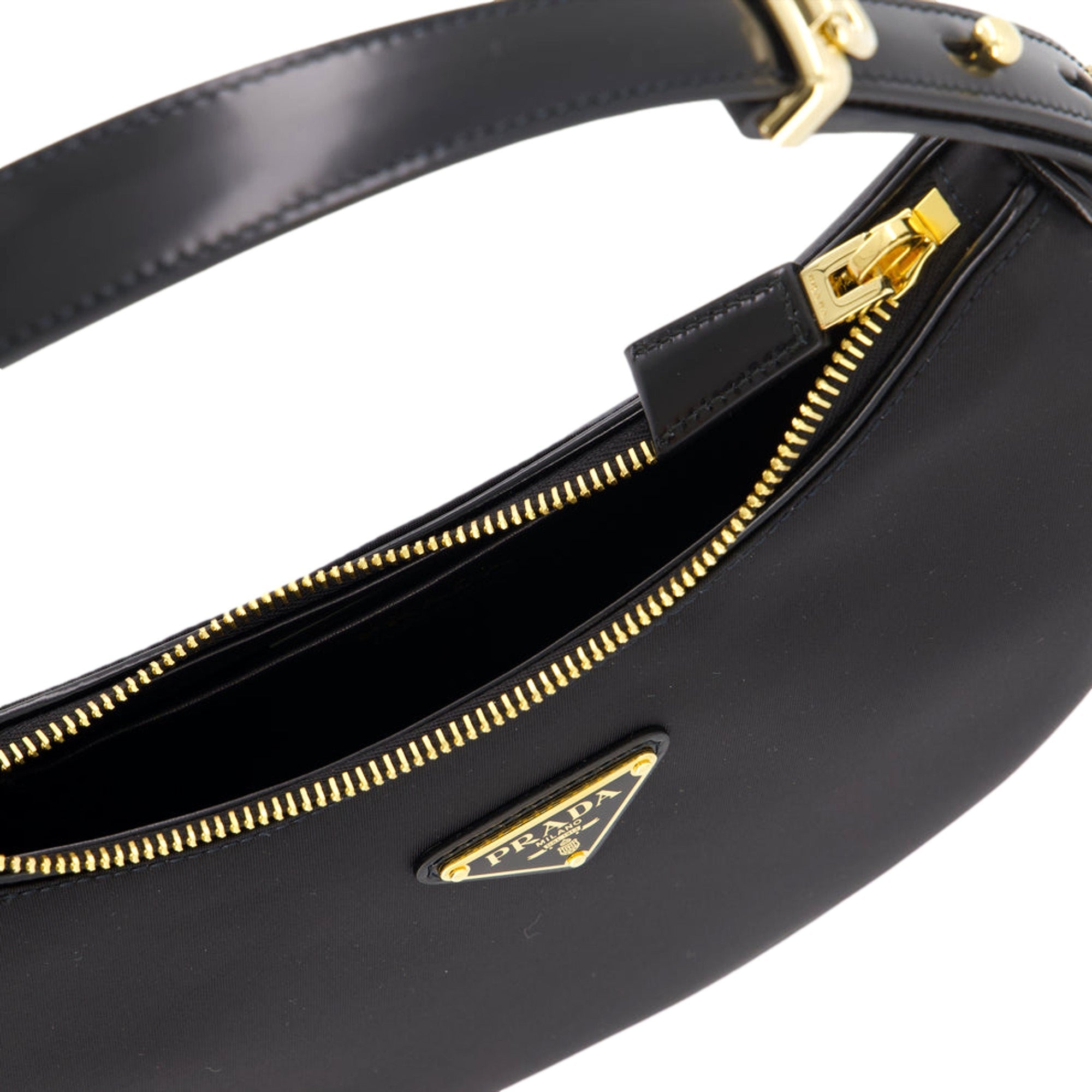 Prada Arqué Re-Nylon and Brushed Leather Black Shoulder Bag available at Queen Bee of Beverly Hills