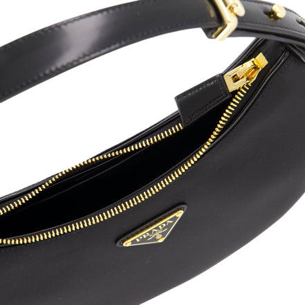 Prada Arqué Re-Nylon and Brushed Leather Black Shoulder Bag available at Queen Bee of Beverly Hills