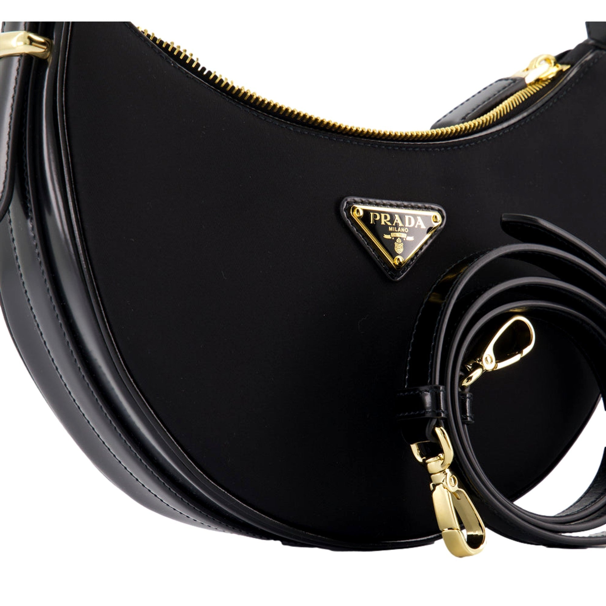 Prada Arqué Re-Nylon and Brushed Leather Black Shoulder Bag available at Queen Bee of Beverly Hills
