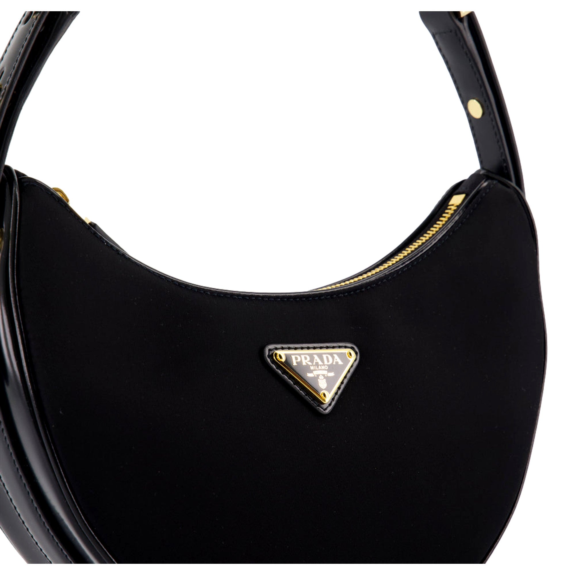 Prada Arqué Re-Nylon and Brushed Leather Black Shoulder Bag available at Queen Bee of Beverly Hills