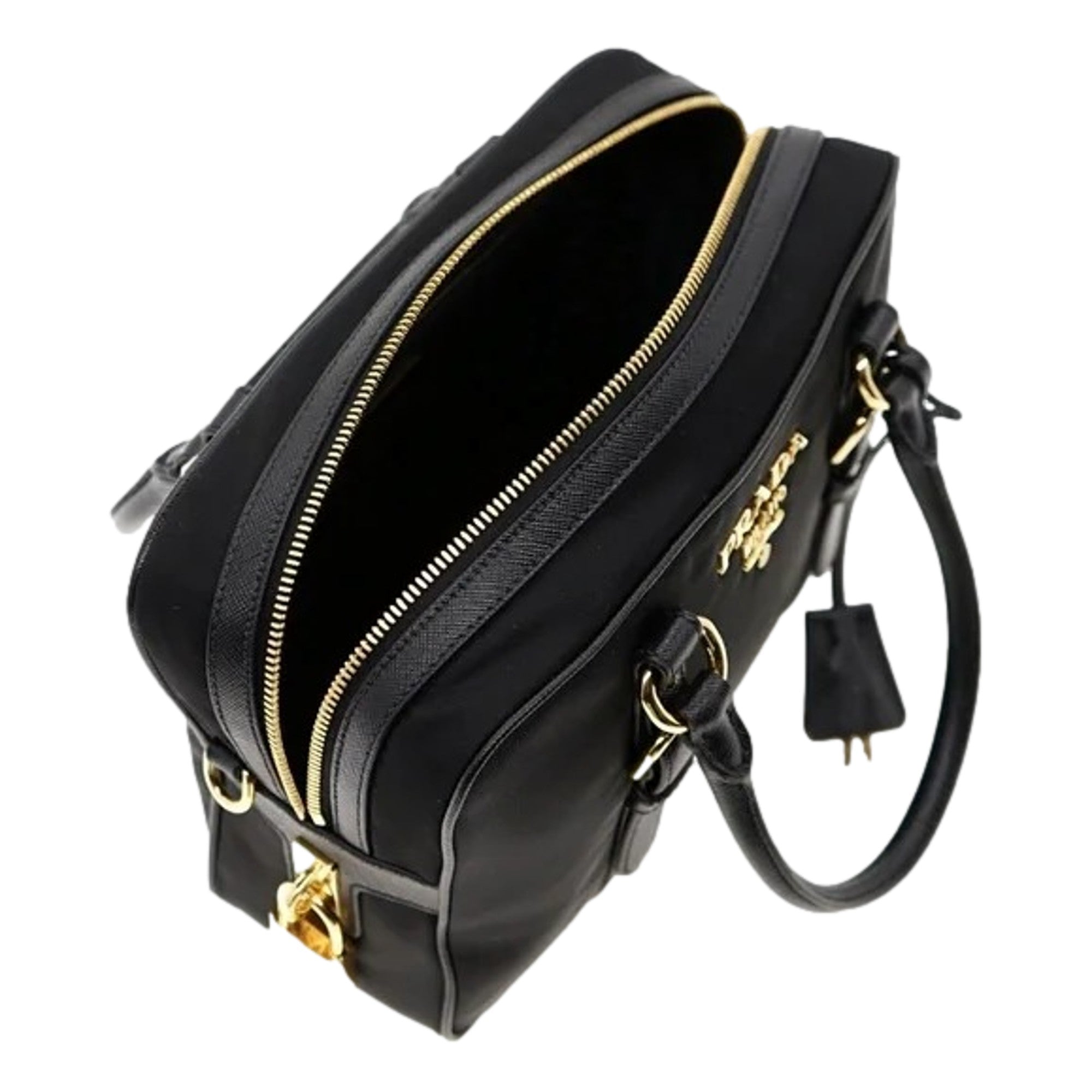 Prada Bauletto Tessuto Nylon Saffiano Black Satchel Handbag available at Queen Bee of Beverly Hills