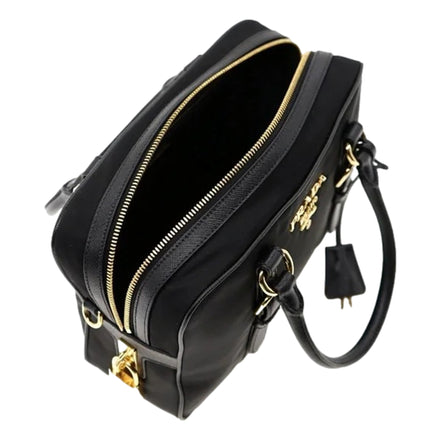 Prada Bauletto Tessuto Nylon Saffiano Black Satchel Handbag available at Queen Bee of Beverly Hills