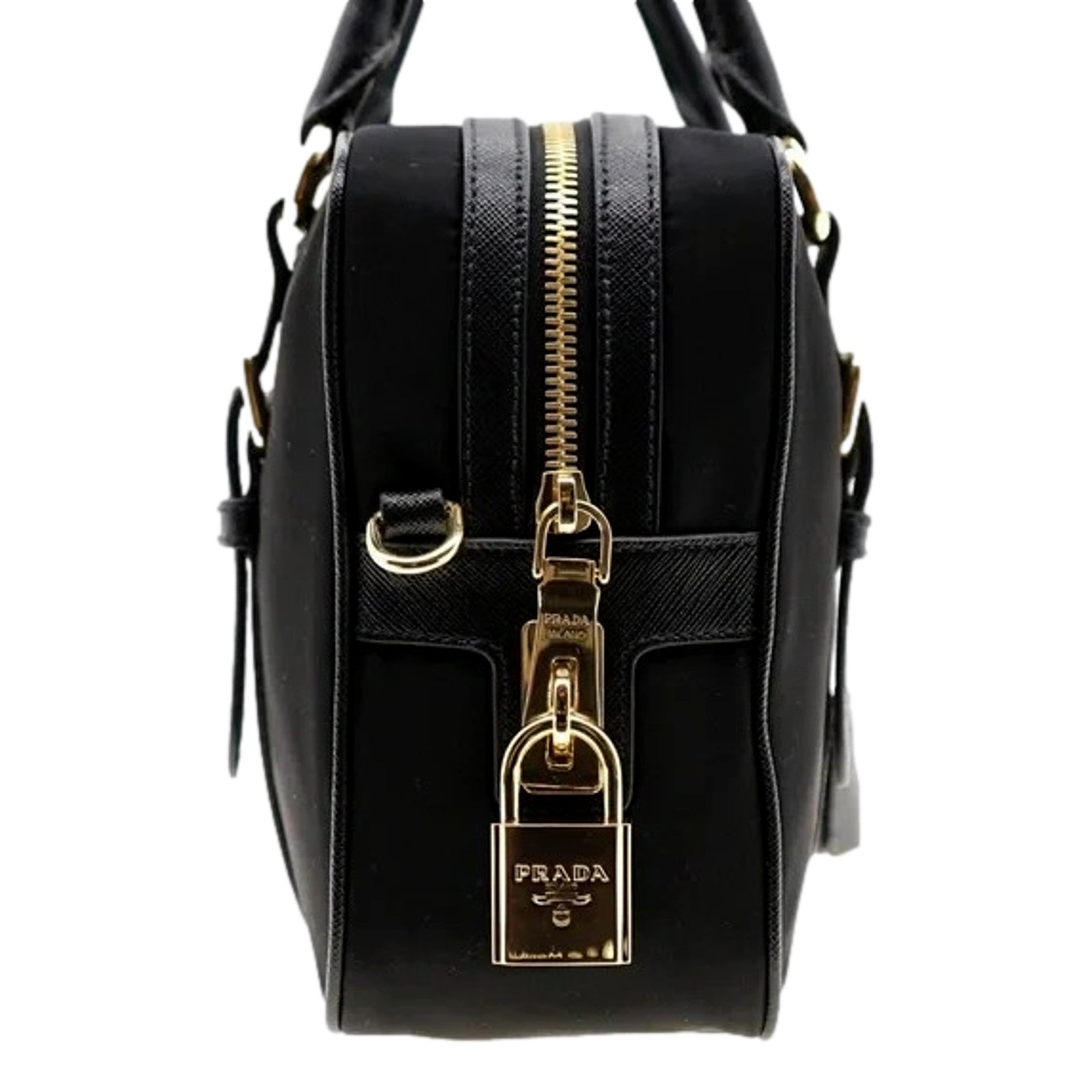 Prada Bauletto Tessuto Nylon Saffiano Black Satchel Handbag available at Queen Bee of Beverly Hills