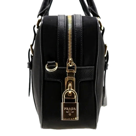 Prada Bauletto Tessuto Nylon Saffiano Black Satchel Handbag available at Queen Bee of Beverly Hills