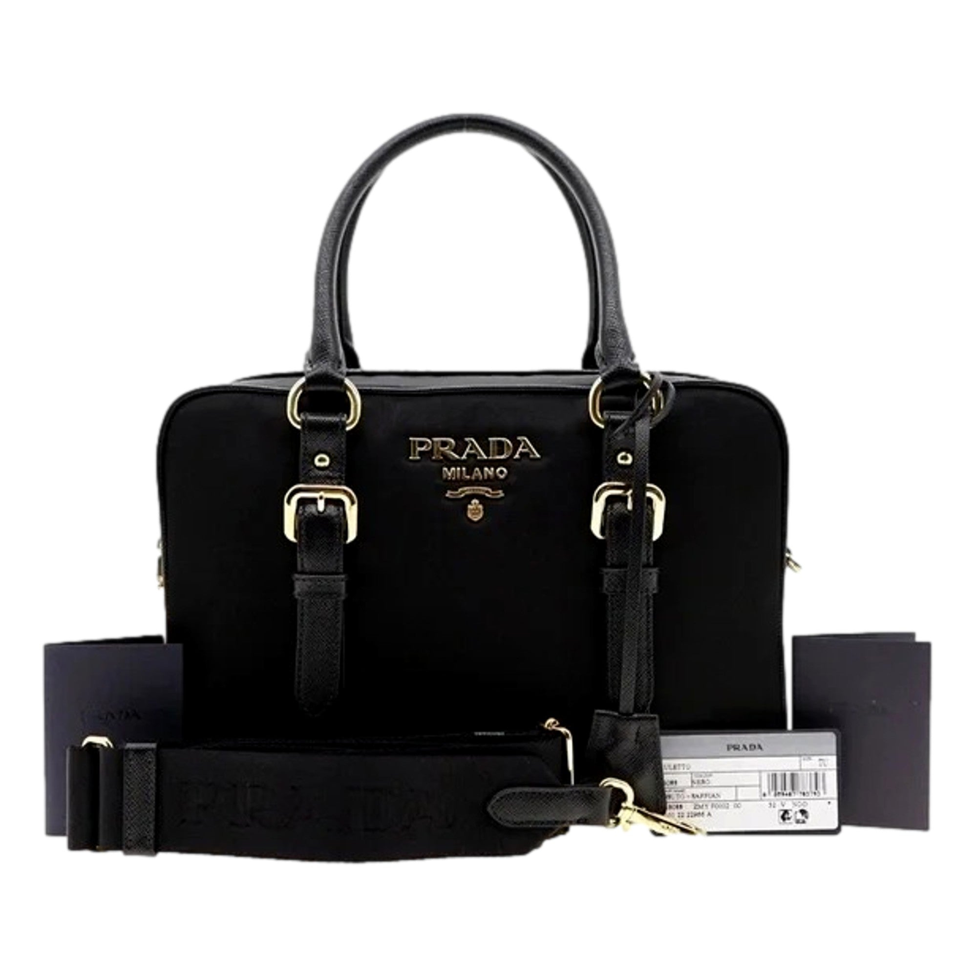 Prada Bauletto Tessuto Nylon Saffiano Black Satchel Handbag available at Queen Bee of Beverly Hills
