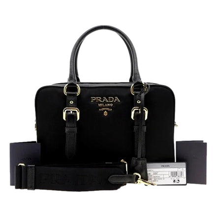 Prada Bauletto Tessuto Nylon Saffiano Black Satchel Handbag available at Queen Bee of Beverly Hills