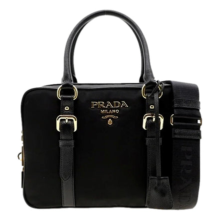 Prada Bauletto Tessuto Nylon Saffiano Black Satchel Handbag available at Queen Bee of Beverly Hills