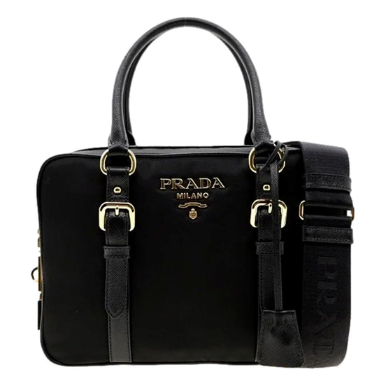 Prada Bauletto Tessuto Nylon Saffiano Black Satchel Handbag available at Queen Bee of Beverly Hills