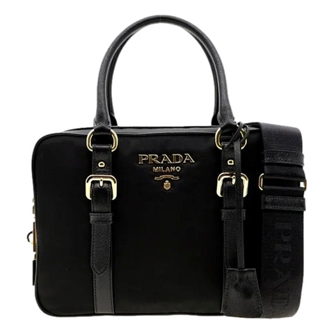 Prada Bauletto Tessuto Nylon Saffiano Black Satchel Handbag available at Queen Bee of Beverly Hills