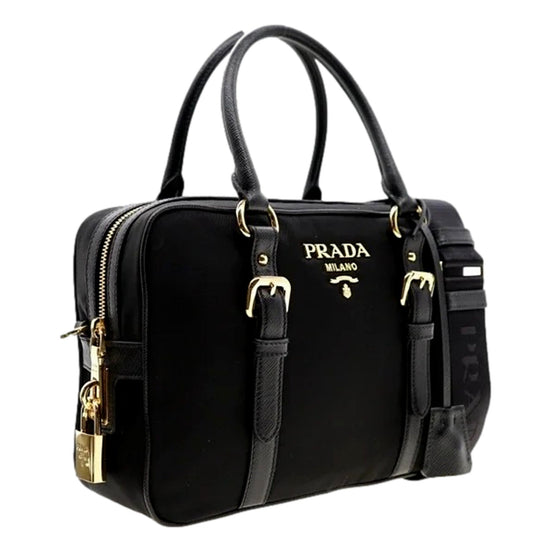 Prada Bauletto Tessuto Nylon Saffiano Black Satchel Handbag available at Queen Bee of Beverly Hills