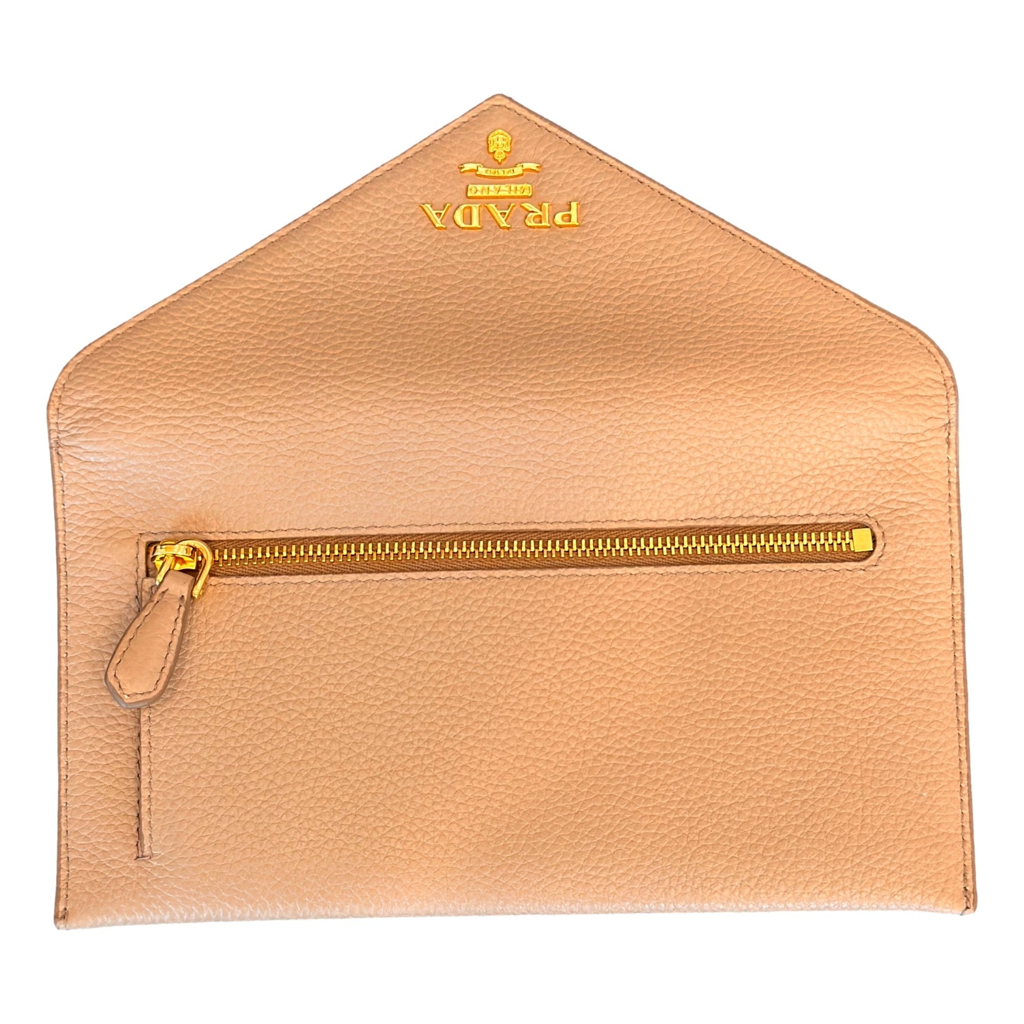 Prada Beige Vitello Grain Leather Long Envelope Wallet available at Queen Bee of Beverly Hills