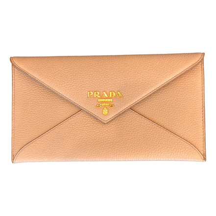 Prada Beige Vitello Grain Leather Long Envelope Wallet available at Queen Bee of Beverly Hills