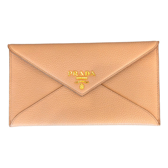 Prada Beige Vitello Grain Leather Long Envelope Wallet available at Queen Bee of Beverly Hills