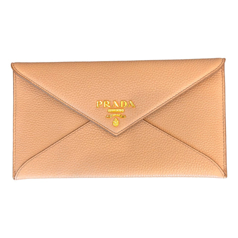 Prada Beige Vitello Grain Leather Long Envelope Wallet available at Queen Bee of Beverly Hills