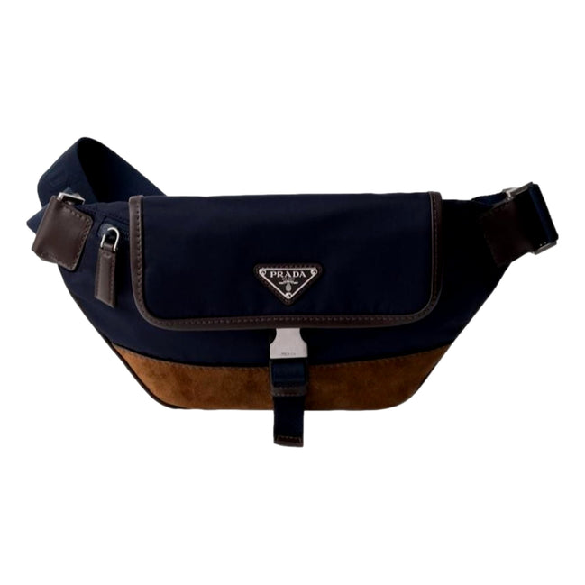 Prada Re-Nylon and Suede Belt Bag in Navy Blue with Brown Suede and Leather Trim - available at Queen Bee of Beverly Hills. 