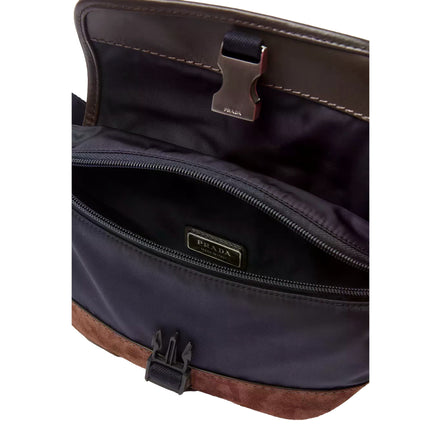 Prada Re-Nylon and Suede Belt Bag in Navy Blue with Brown Suede and Leather Trim - available at Queen Bee of Beverly Hills. 