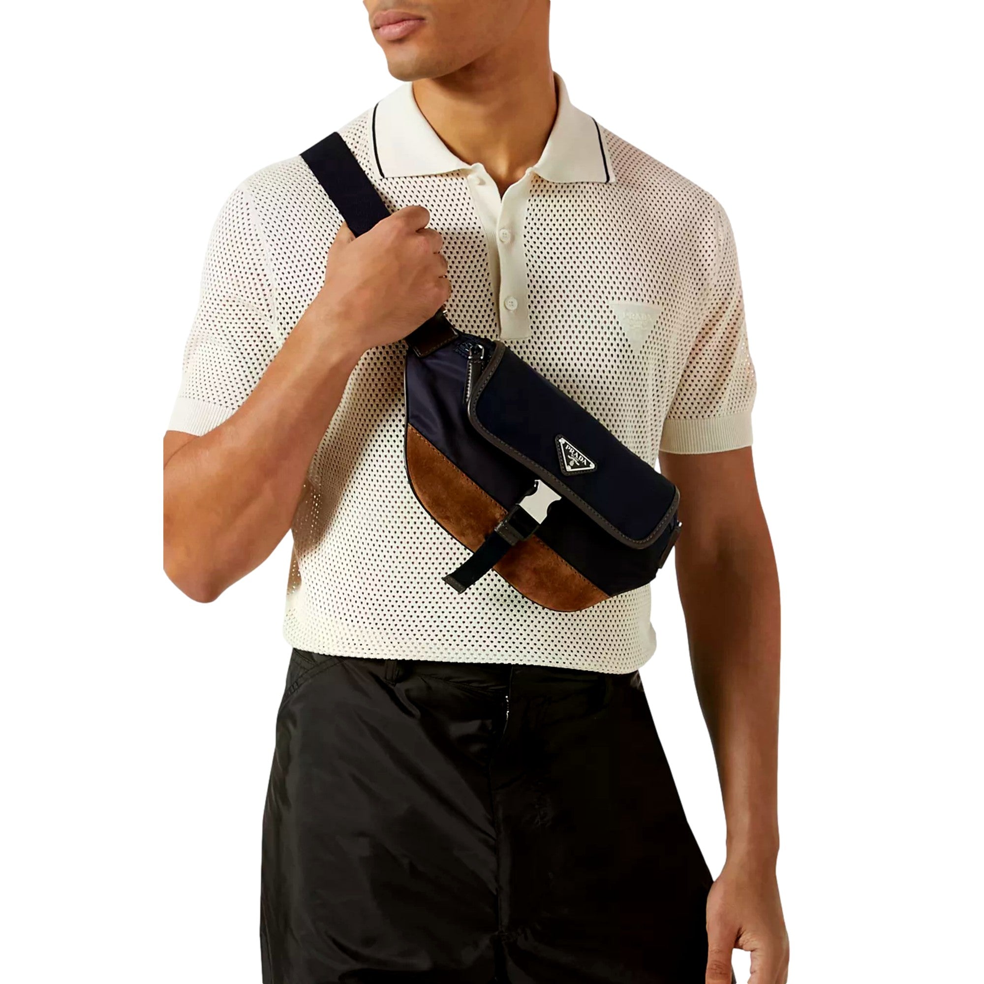 Prada Re-Nylon and Suede Belt Bag in Navy Blue with Brown Suede and Leather Trim - available at Queen Bee of Beverly Hills. 