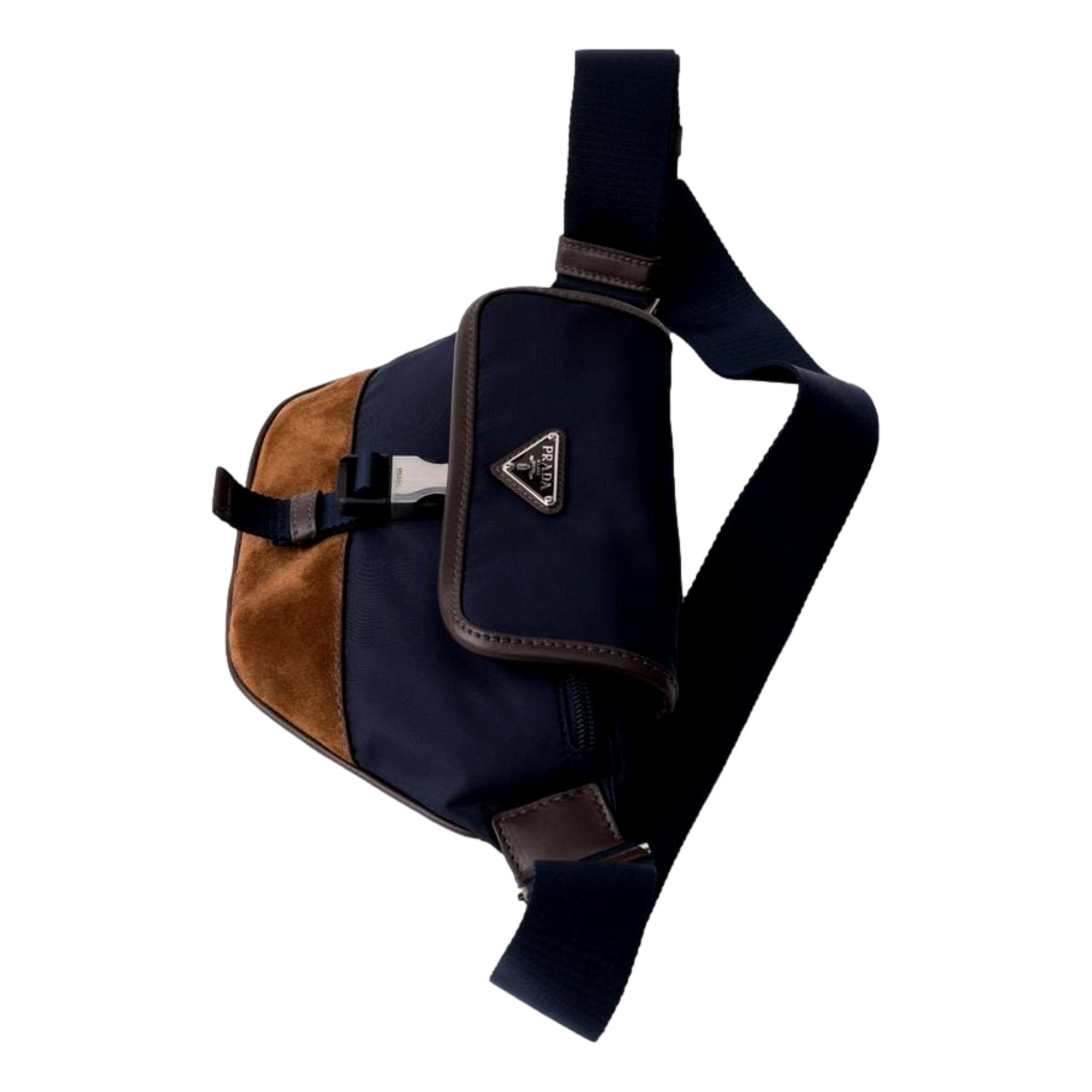 Prada Re-Nylon and Suede Belt Bag in Navy Blue with Brown Suede and Leather Trim - available at Queen Bee of Beverly Hills. 