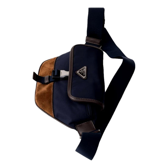 Prada Re-Nylon and Suede Belt Bag in Navy Blue with Brown Suede and Leather Trim - available at Queen Bee of Beverly Hills. 