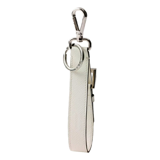 Prada Saffiano Leather Belt Strap Keychain Bag Charm in White Bianco - available at Queen Bee of Beverly Hills