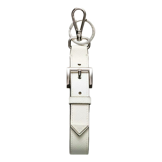 Prada Saffiano Leather Belt Strap Keychain Bag Charm in White Bianco - available at Queen Bee of Beverly Hills