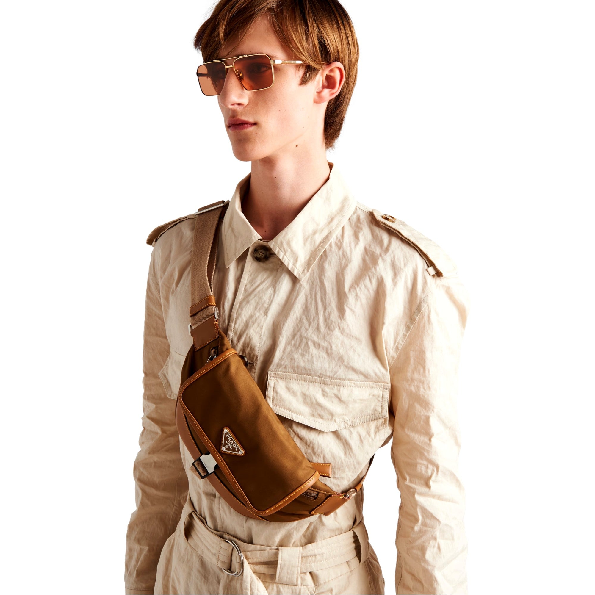 Prada Brown Nylon Leather Trim Belt Bag Waist Bag - available at Queen Bee of Beverly Hills. 