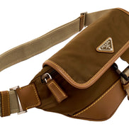 Prada Brown Nylon Leather Trim Belt Bag Waist Bag - available at Queen Bee of Beverly Hills. 