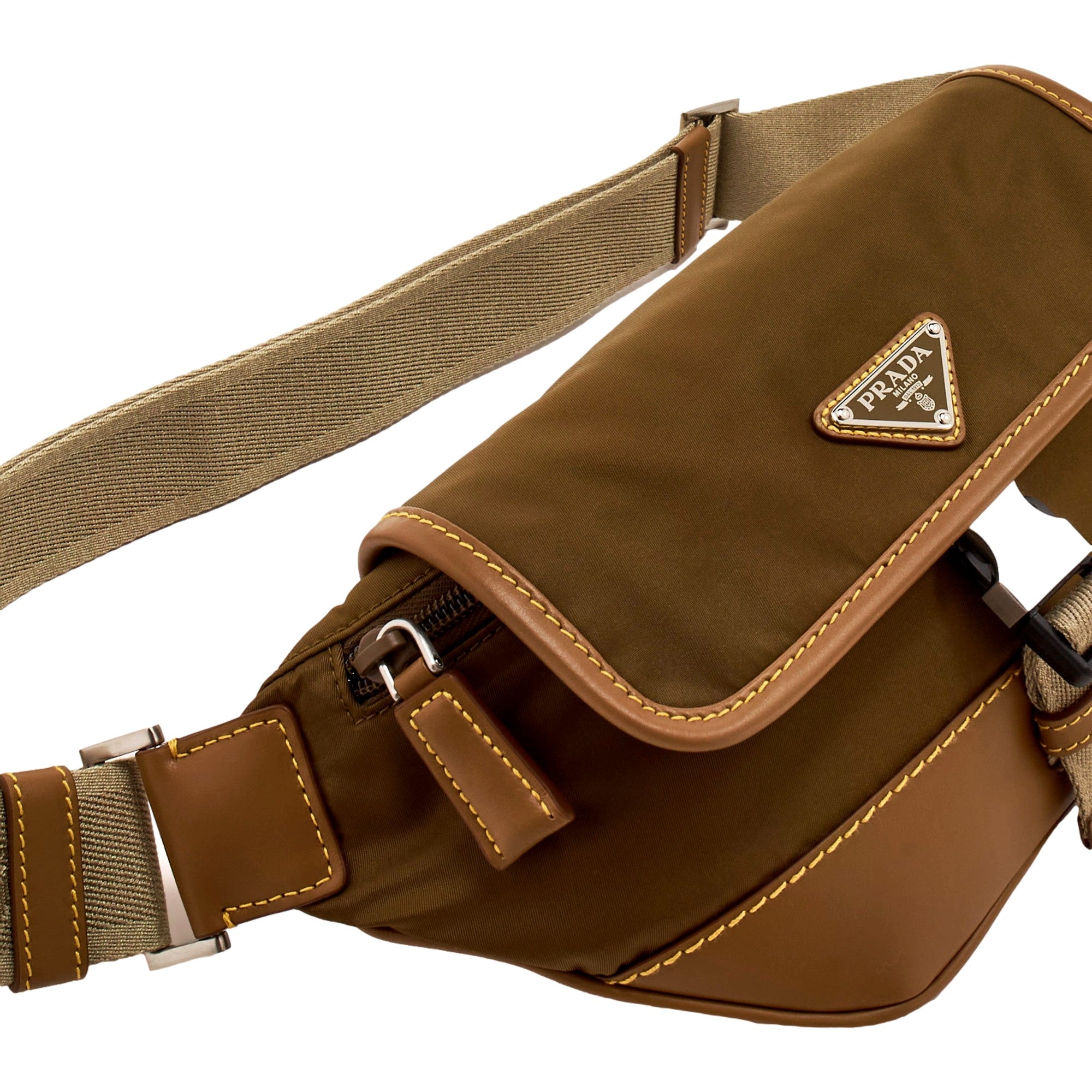 Prada Brown Nylon Leather Trim Belt Bag Waist Bag - available at Queen Bee of Beverly Hills. 