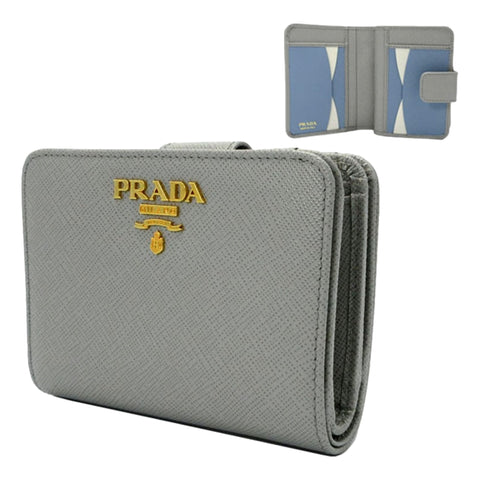 Prada Saffiano Leather Small Wallet with Zipper Argilla and Astrale Grey Blue