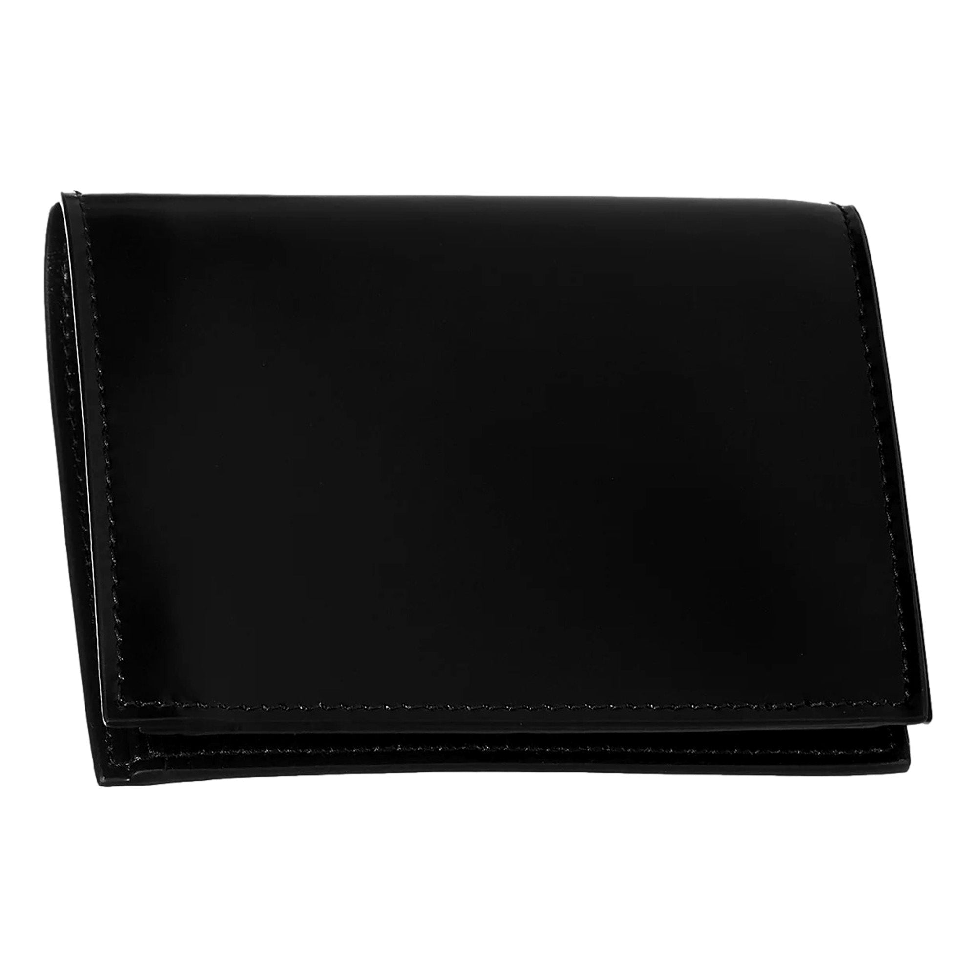 Prada Bifold Black Polished Leather Triangle Logo Card Holder Wallet available at Queen Bee of Beverly Hills
