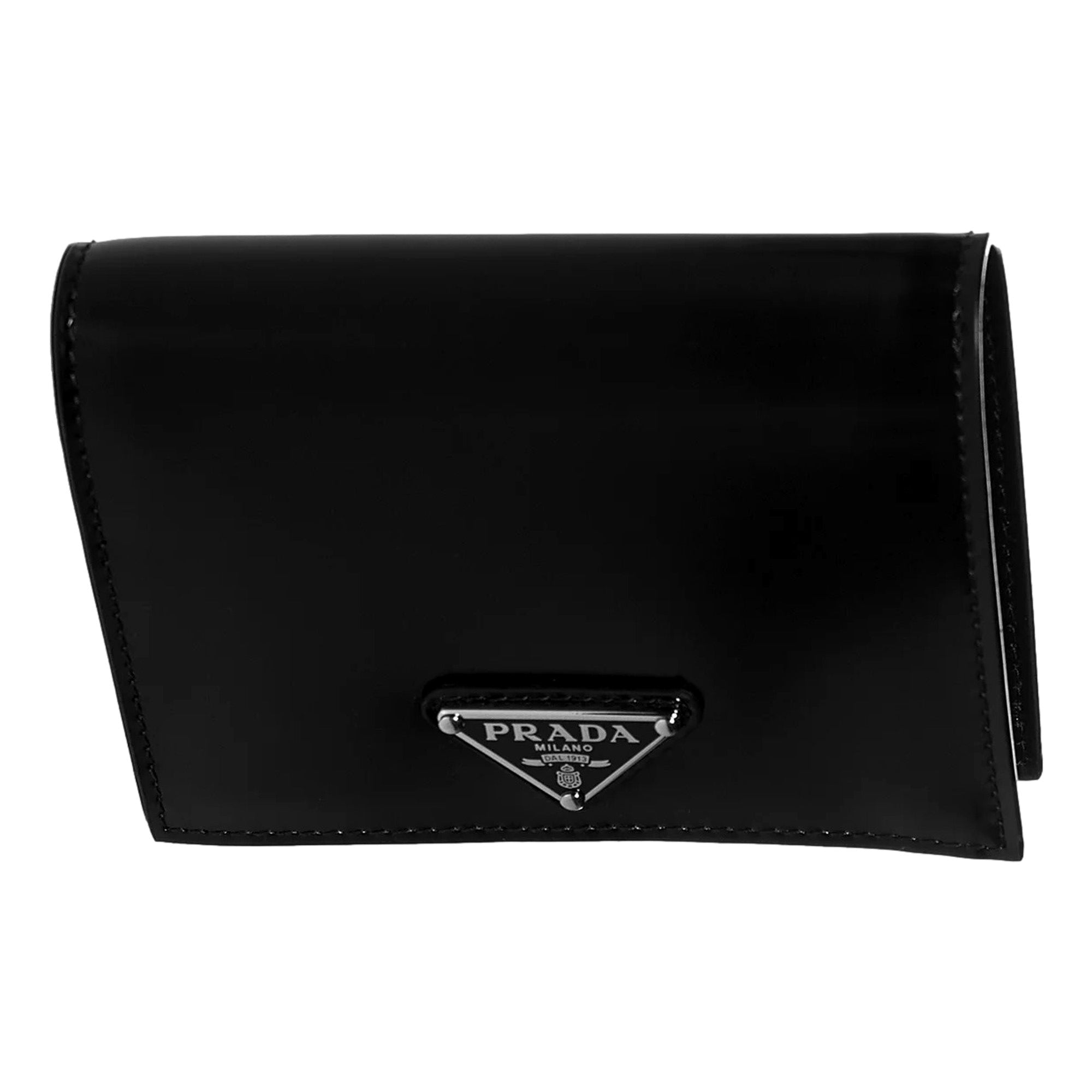 Prada Bifold Black Polished Leather Triangle Logo Card Holder Wallet available at Queen Bee of Beverly Hills