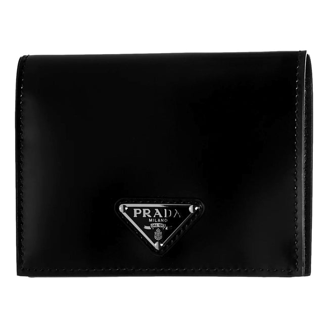 Prada Bifold Black Polished Leather Triangle Logo Card Holder Wallet available at Queen Bee of Beverly Hills