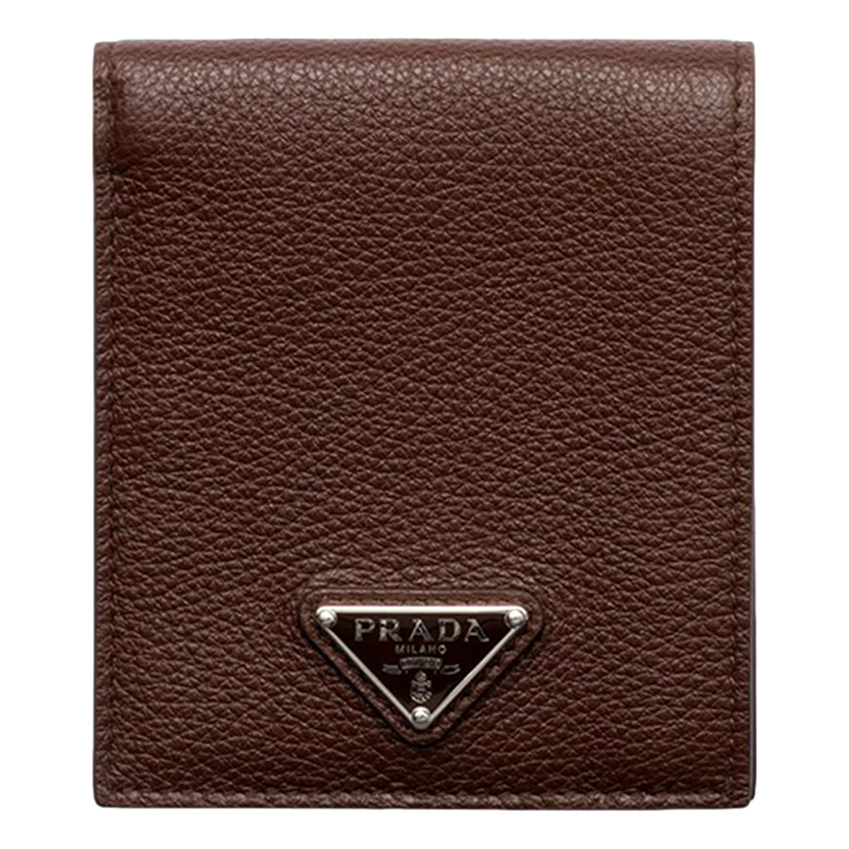 Prada Brown Vitello Daino Triangolo Leather Bifold Wallet - available at Queen Bee of Beverly Hills. 