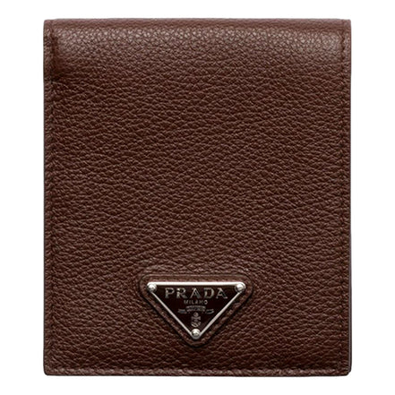 Prada Brown Vitello Daino Triangolo Leather Bifold Wallet - available at Queen Bee of Beverly Hills. 