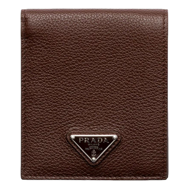 Prada Brown Vitello Daino Triangolo Leather Bifold Wallet - available at Queen Bee of Beverly Hills. 