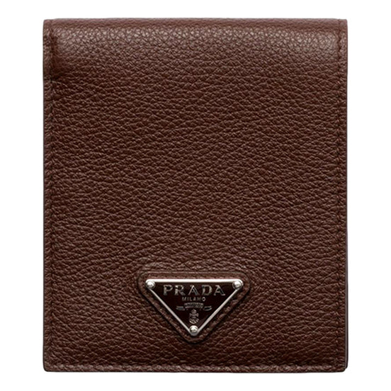 Prada Brown Vitello Daino Triangolo Leather Bifold Wallet - available at Queen Bee of Beverly Hills. 