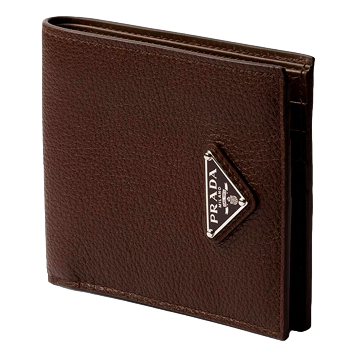Prada Brown Vitello Daino Triangolo Leather Bifold Wallet - available at Queen Bee of Beverly Hills. 