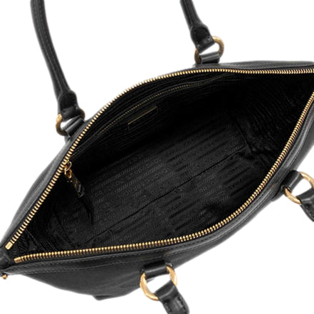 Prada Black Canvas Jacquard Logo Leather Trim Small Satchel available at Queen Bee of Beverly Hills