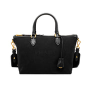 Prada Black Canvas Jacquard Logo Leather Trim Small Satchel available at Queen Bee of Beverly Hills