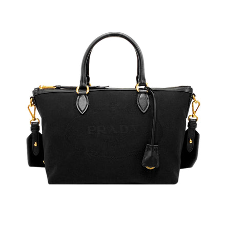 Prada Black Canvas Jacquard Logo Leather Trim Small Satchel available at Queen Bee of Beverly Hills