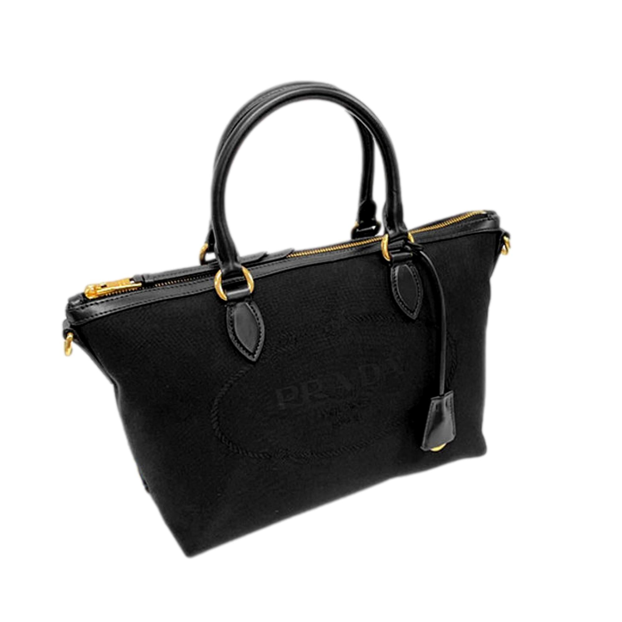 Prada Black Canvas Jacquard Logo Leather Trim Small Satchel available at Queen Bee of Beverly Hills