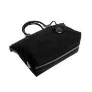 Prada Black Canvas Jacquard Logo Leather Trim Small Satchel available at Queen Bee of Beverly Hills