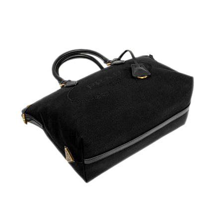 Prada Black Canvas Jacquard Logo Leather Trim Small Satchel available at Queen Bee of Beverly Hills